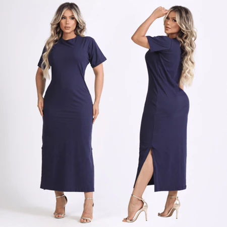 Vestido feminino longo com mangas curtas tecido 100% algodão e gola de ribana