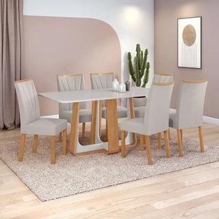 Conjunto Sala de Jantar Mesa Easy Pop 170x90cm Tampo Vidro/MDF 6 Cad Confort Linho Cinza Amendoa/off em Oferta na Shopee