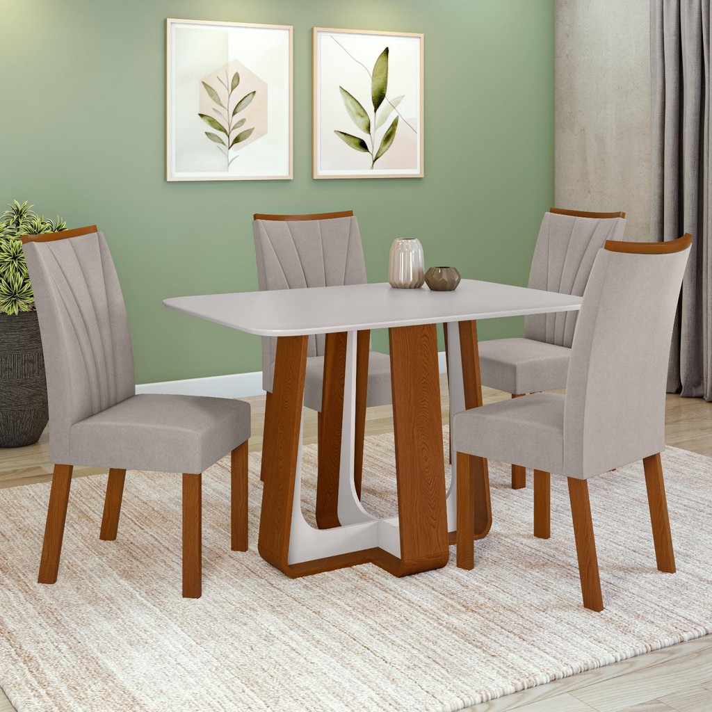 Conjunto Sala de Jantar Mesa Easy Pop 120x80cm Tampo MDF 4 Cadeiras Confort Veludo Frassino/Off