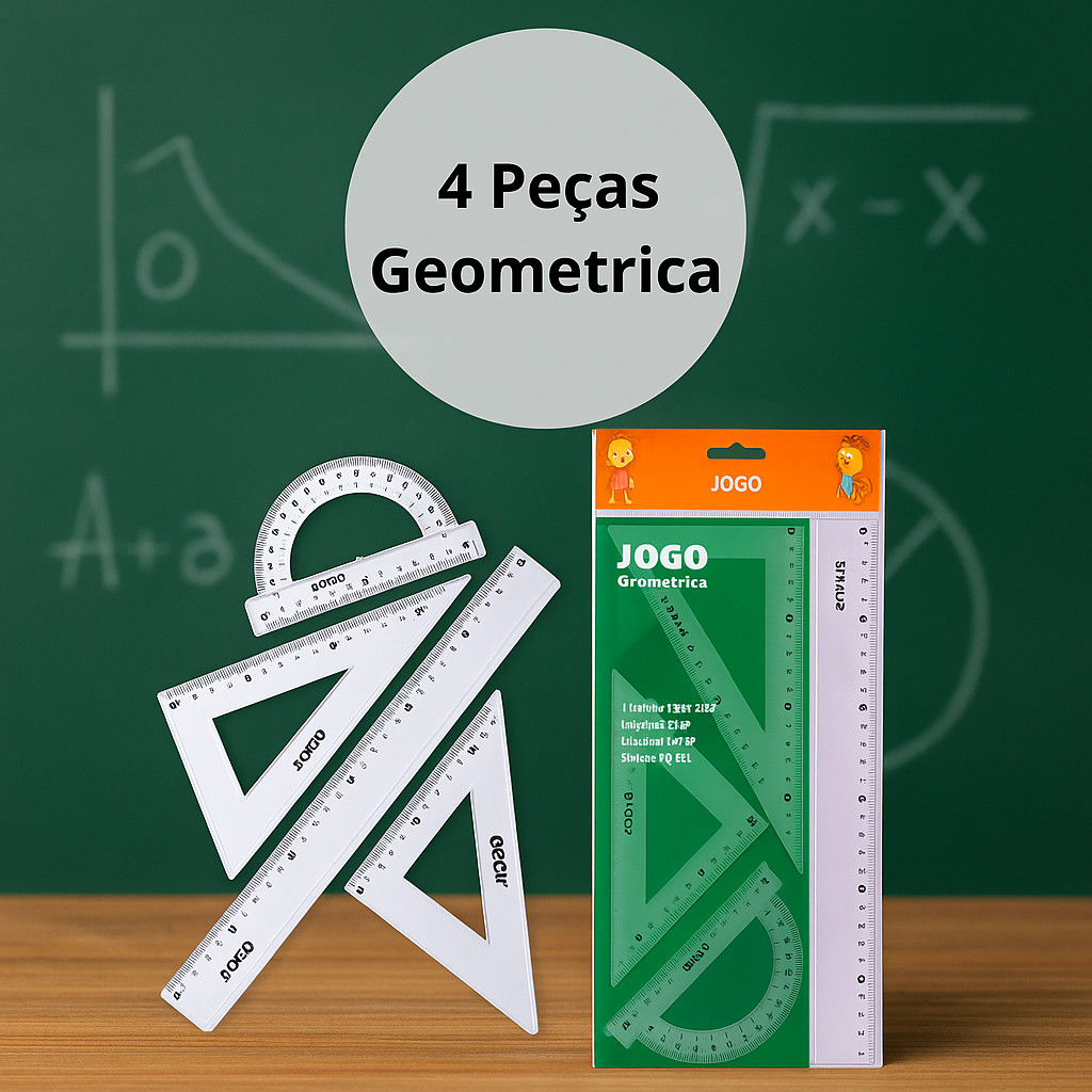 Kit Jogo Geométrico com 4 Peças Réguas Esquadros e Transferidor Escolar ...