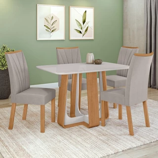 Conjunto Sala de Jantar Mesa Easy Pop 120x80cm Tampo Vidro/MDF com 4 Cad Confort Veludo Amendoa/off