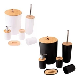 Kit Banheiro Conjunto 6 Peças Completo Lixeira com Tampa Fechada Bambu Lavabo Escova Sanitária