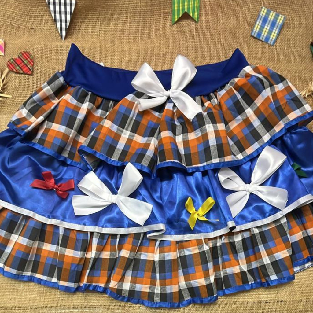 Saia Caipira Adulto Festa Junina Xadrez Azul com Laços | Shopee Brasil