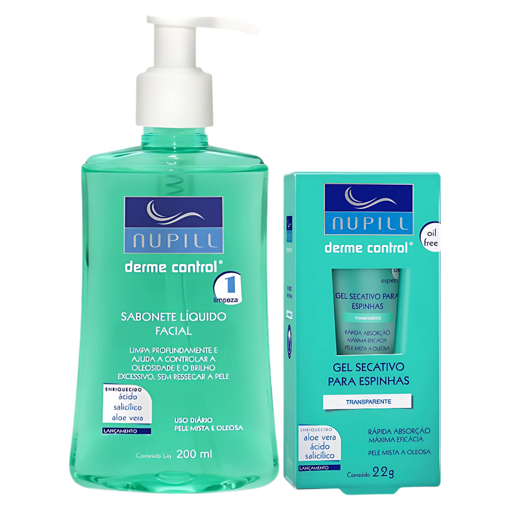 Kit Sabonete Liquido Facial + Gel Secativo Espinha Nupill Derme Control ...