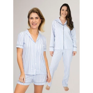 KIT 1 Pijama Americano Curto + 1 Pijama Americano Longo - Listrado Azul em Oferta na Shopee