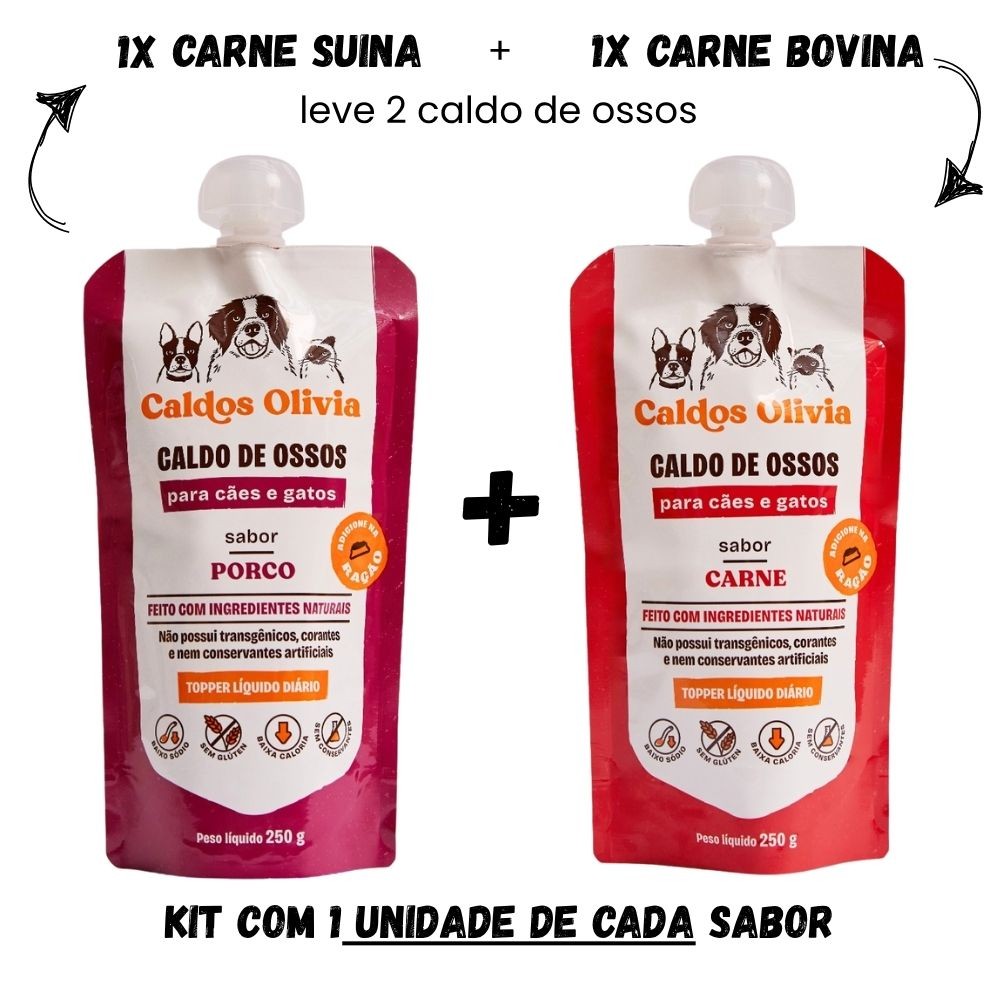 Kit 2 Unidades Caldo de Ossos Suino e Bovino para Cães e Gatos 250gr - Caldos Olivia