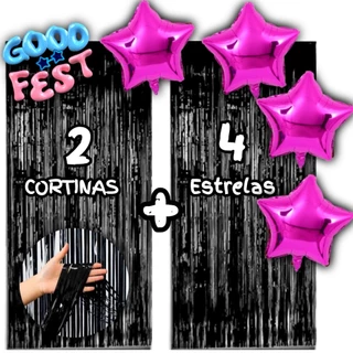 Kit 2 Cortinas Metalizada + 4 Balões Estrelas,11Cores Kit Decoração, Festa, Comemoração, Adereços, Surpresas, Eventos