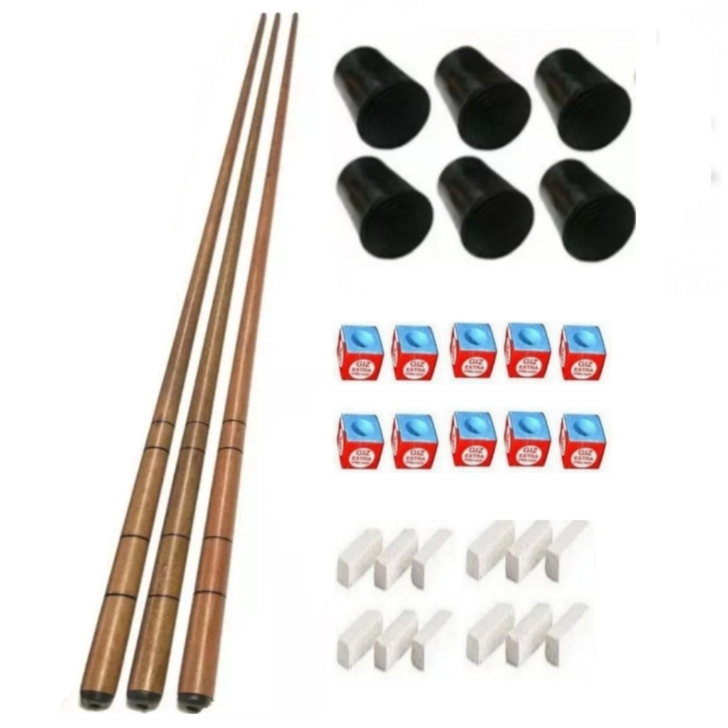 3 Tacos Bar Sinuca Snooker Ipê 1.45m + Kit Giz + 6 Virolas Ristas