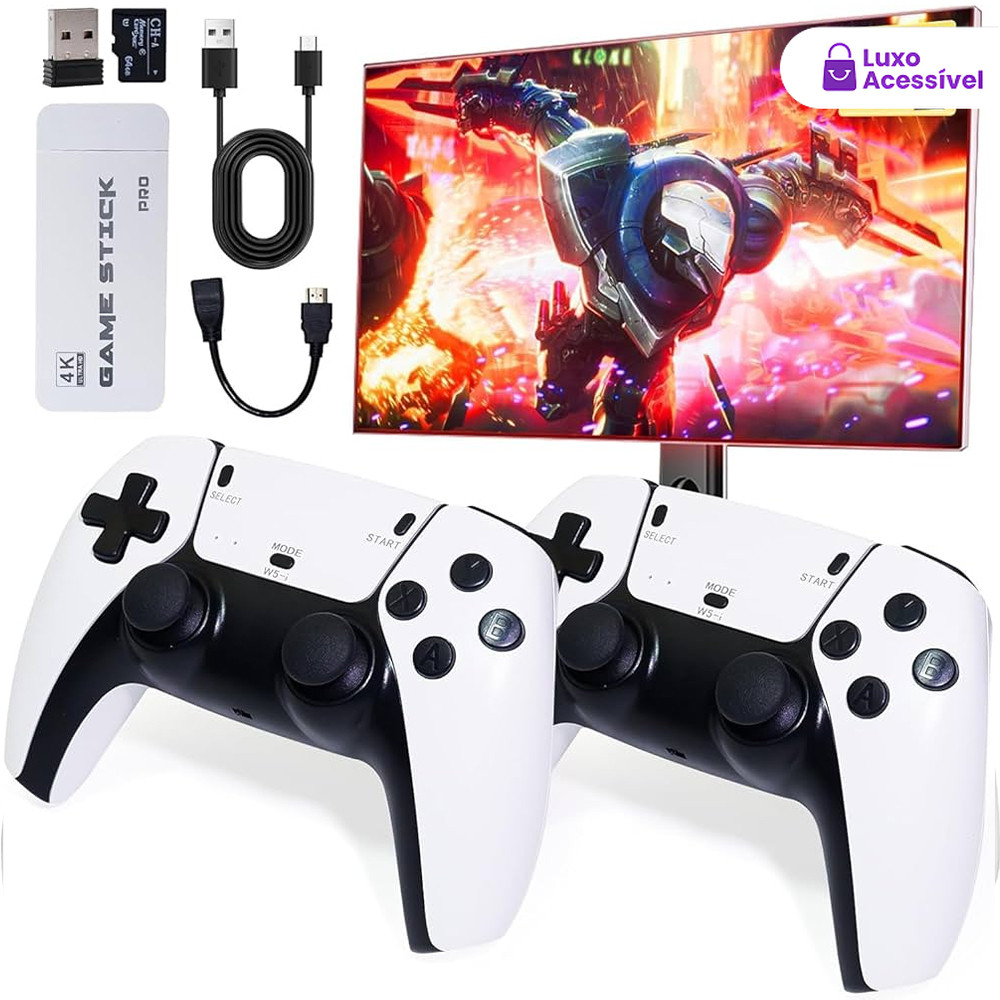 2 consoles: originais, sem fio, portáteis. Controle retrô (10k jogos, 4K), GameStick M15 PRO 4K (64GB, 20k jogos).