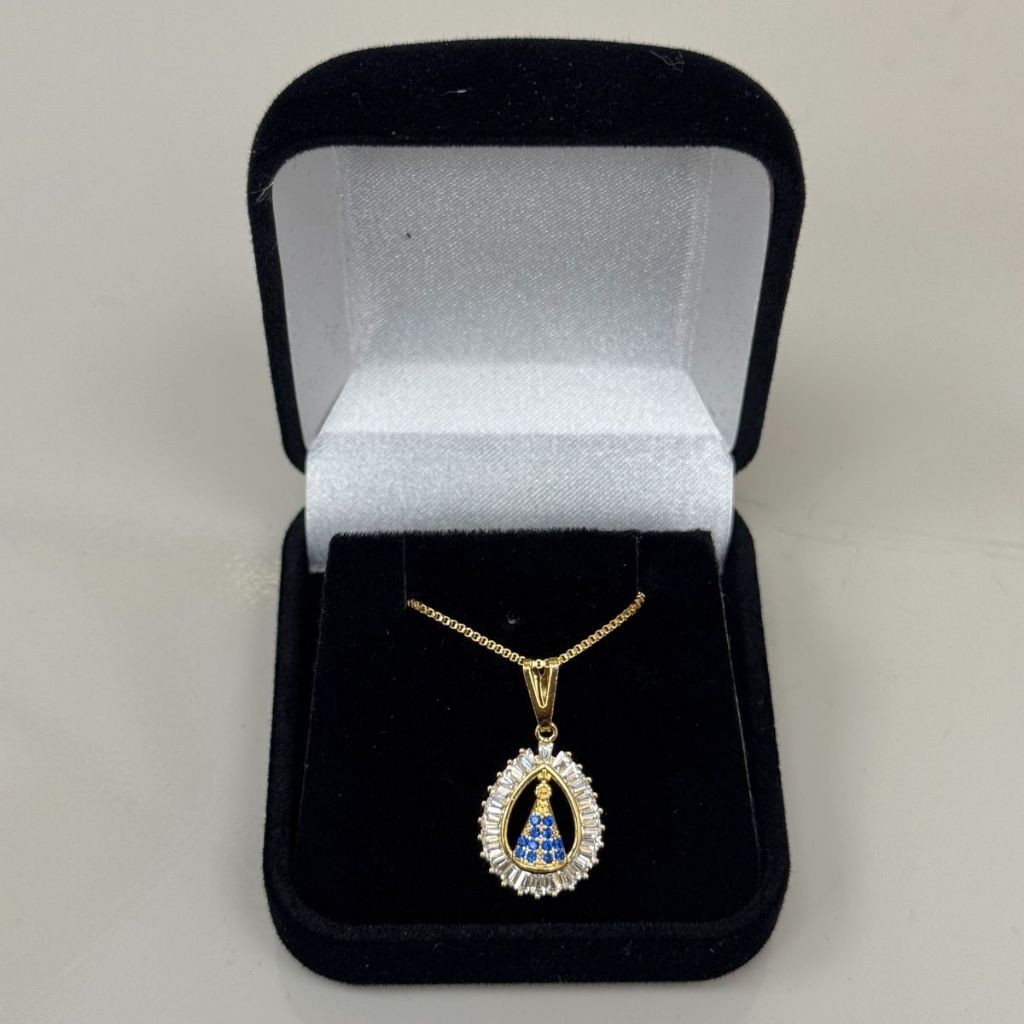 Colar Nossa Senhora Gota Cristal Caixinha Banhado a Ouro
