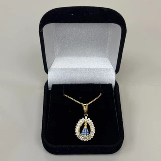 Colar Nossa Senhora Gota Cristal Caixinha Banhado a Ouro