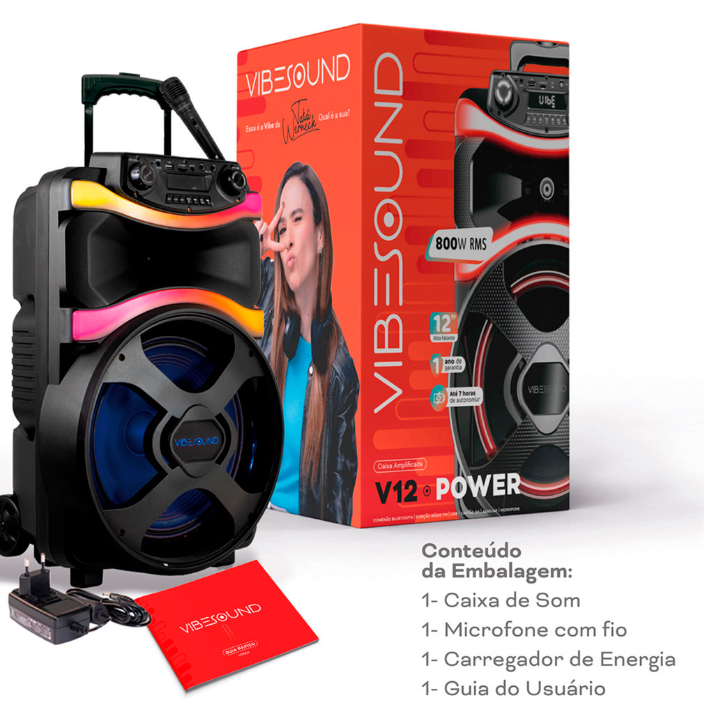 v12sound01 Caixa de Som Amplificada Vibe Sound V12 Power 800W – Bluetooth, TWS, L