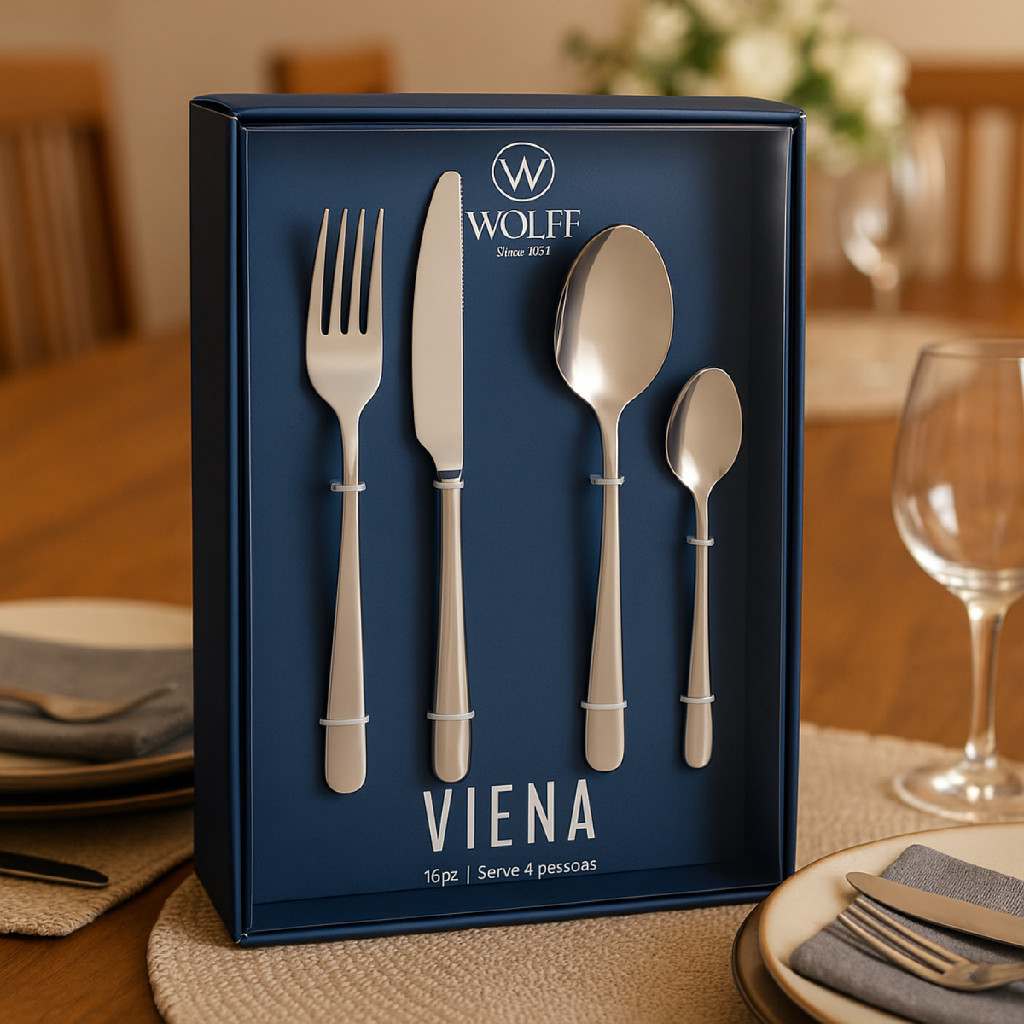 Faqueiro Aço Inox Wolff Viena 16 Peças Requintado Luxo Gift Box Colher ...
