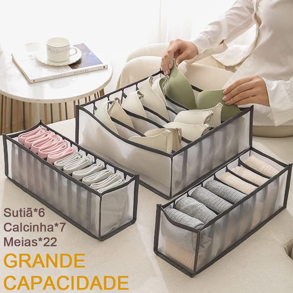 KIT 3 Organizador de gavetas dobráveis ​​para sutiãs, calcinhas e meias Caixa de armazenamento para casa