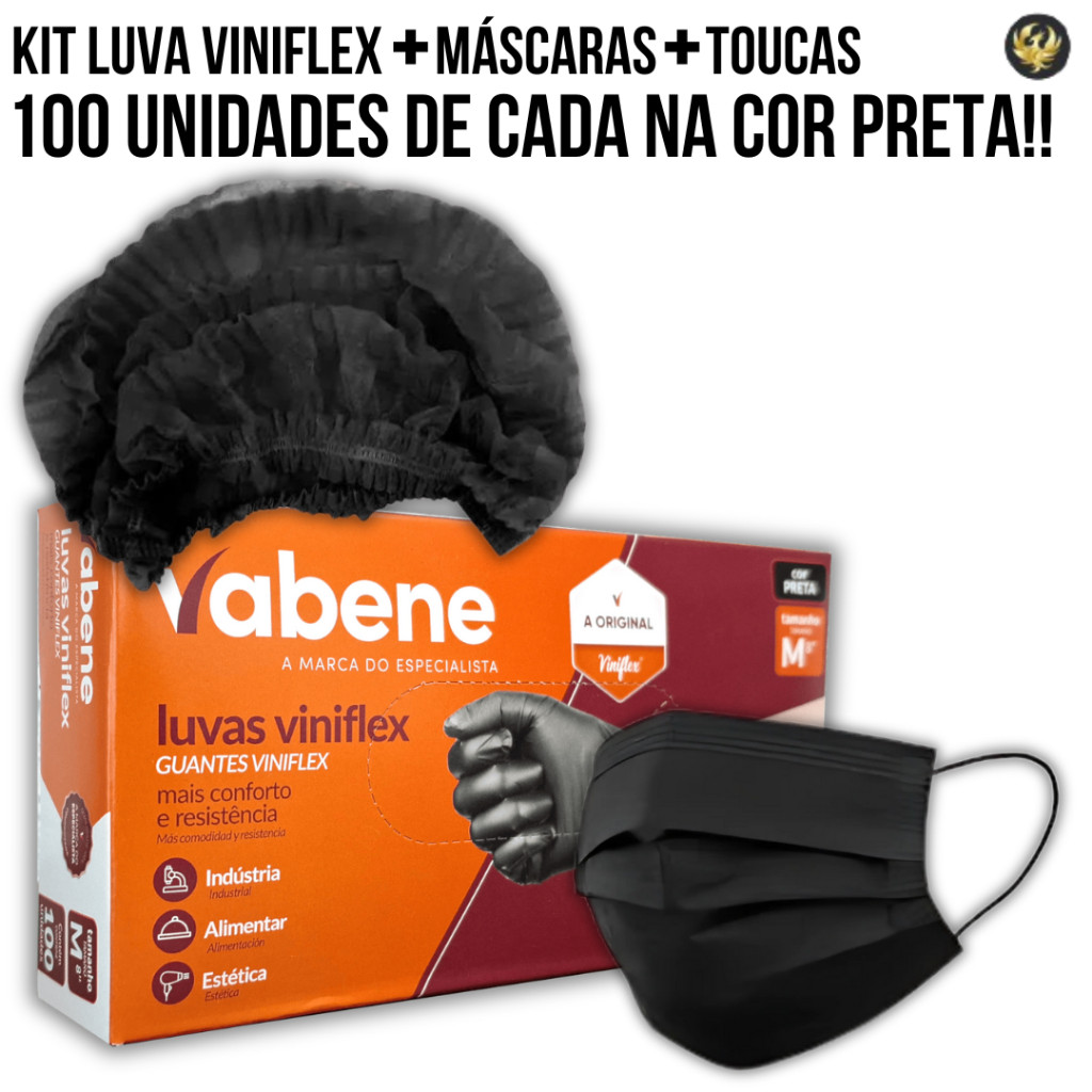Kit 100 Luvas Viniflex Preta Vabene P.M.G.G + 100 Toucas Preta De TNT ...