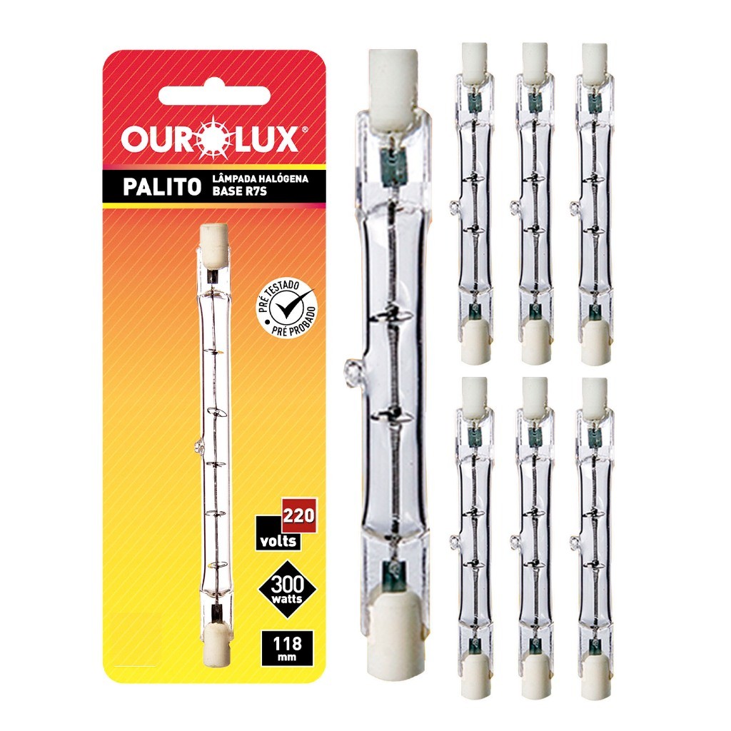 Kit 5 Lâmpada Halogena Palito 300W R7s 118mm 220V 2800K Ourolux ...