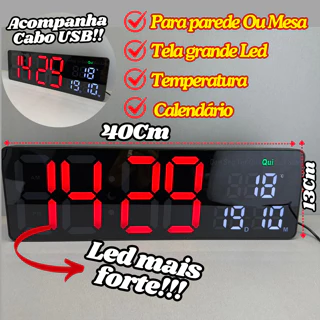 Relógio Digital 40x13Cm De Parede Ou Mesa Calendário Temperatura Horário Semana Decorativo em Oferta na Shopee