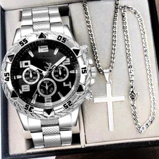 Kit Relógio Masculino Aço Inox Resistente a Água Com Corrente Cruz e Pulseira