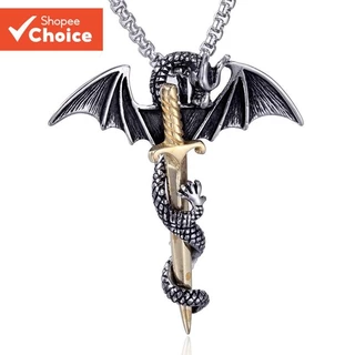 Colar Masculino Vintage De Aço Inoxidável 316L Gótico Pterosaur Dragão Espada Cruz Pingente Motociclista Punk