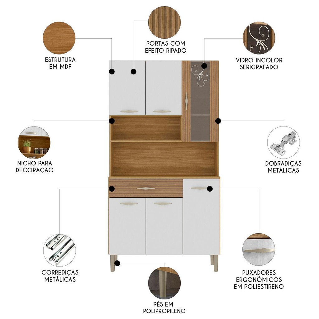 Armário de Cozinha Compacta 90cm Bruna Plus Freijó/Supremo Z06