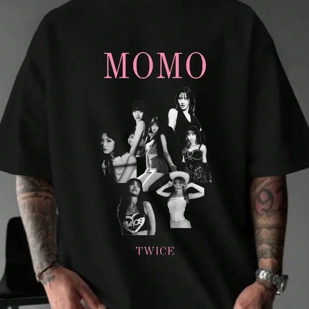 Camiseta Masculina MOMO TWICE Streetwear 2025 Novo Estampa de Banda K ...
