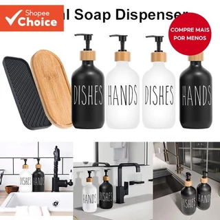 Conjunto de 2 Dispensadores de Sabonete com Bomba de Madeira & Bandeja de Silicone, Refillable, Cozinha e Banheiro