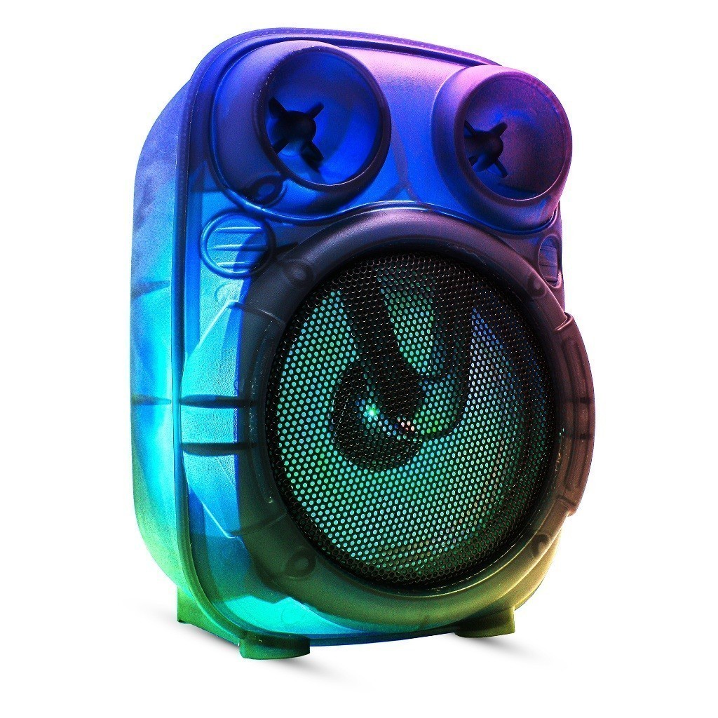 Caixa De Som Bluetooth Portátil Alta Com Rádio FM Design Translúcida Led RGB 8W RMS Bateria Recarregável Entrada SD