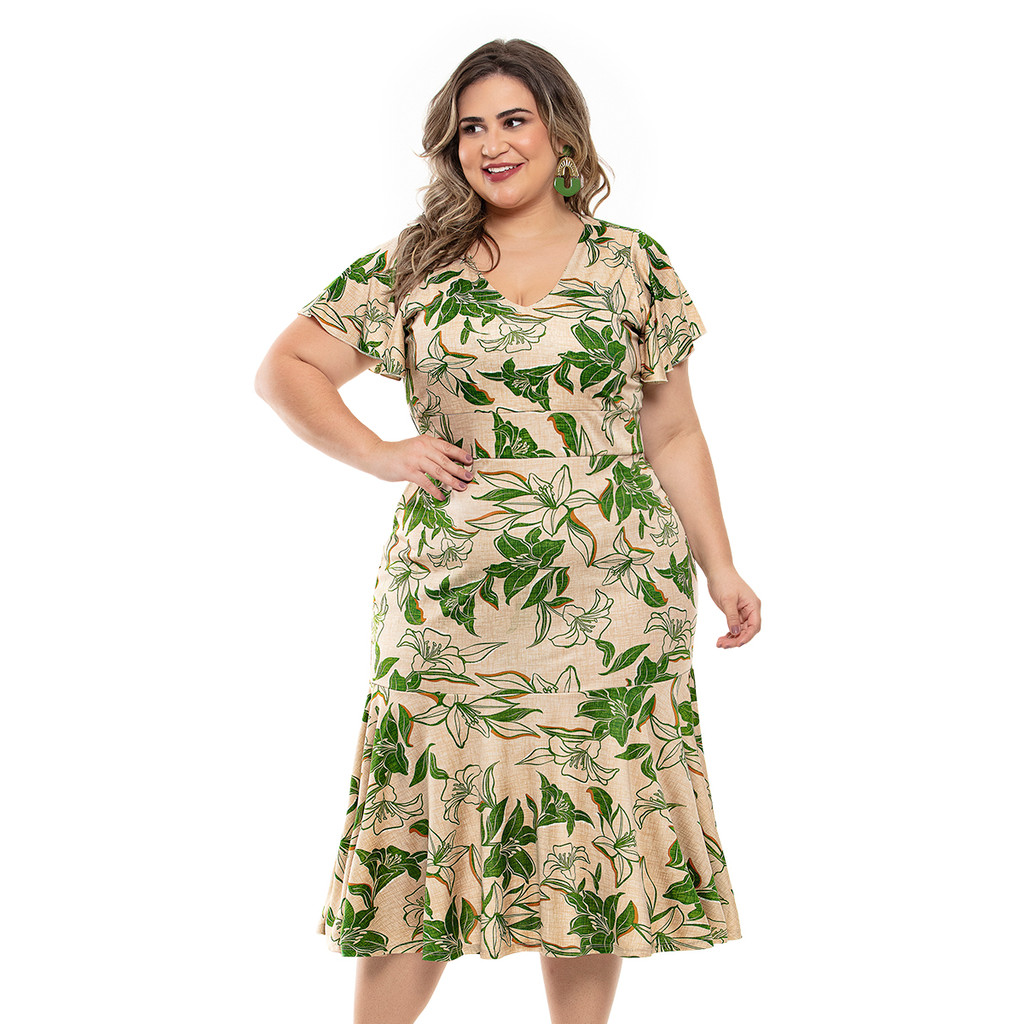 Vestido Midi, Saia Evasê com Babado e Mangas Godês- Moda Plus Size ...