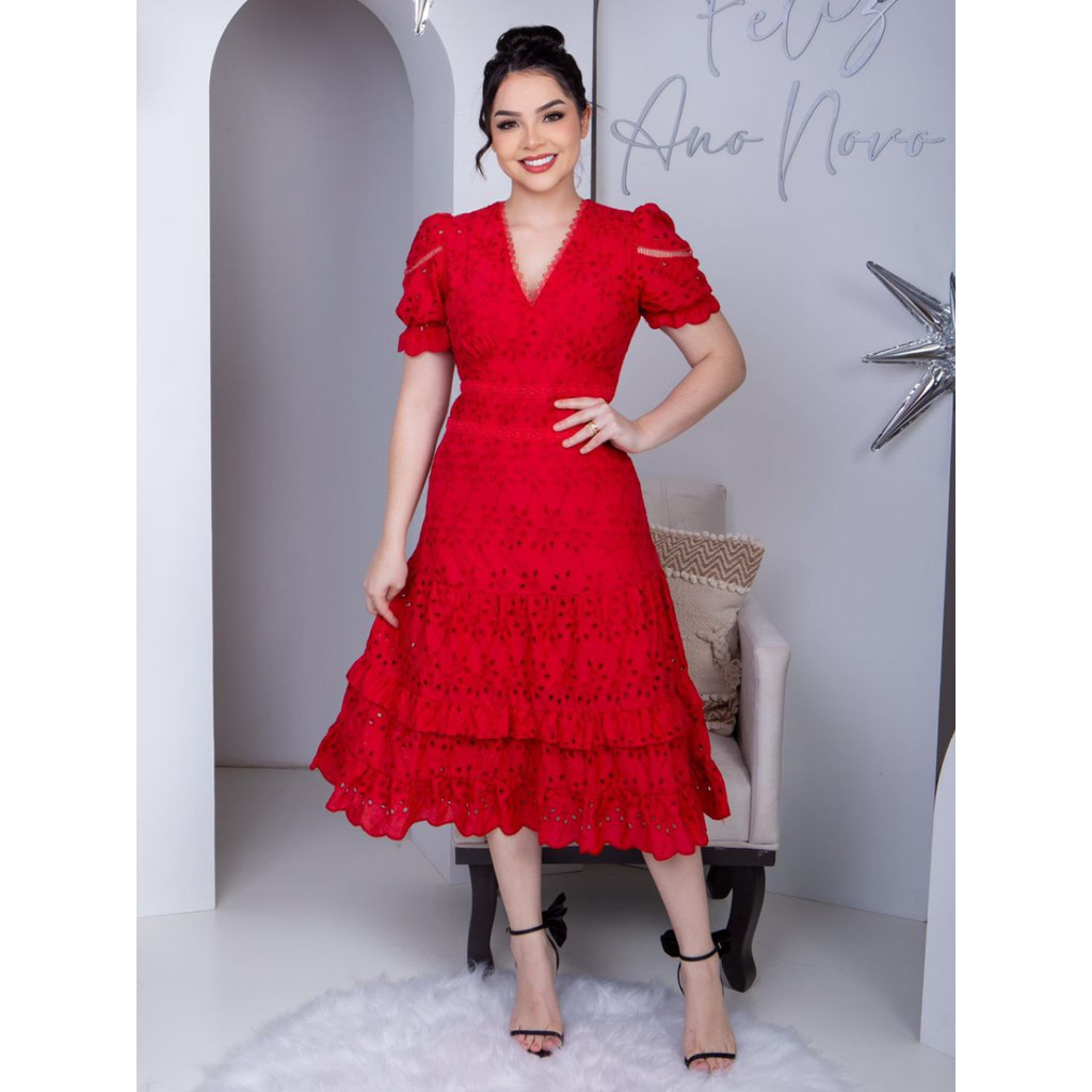 Vestido Midi Lese Bordado Festa Madrinha com Manga Curta Sofisticado