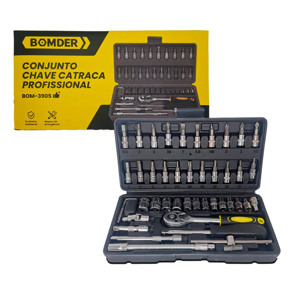 Kit Chave Canhão Catraca Profissional Conjunto Chaves Canhao Catraca 46 Peças Profissional