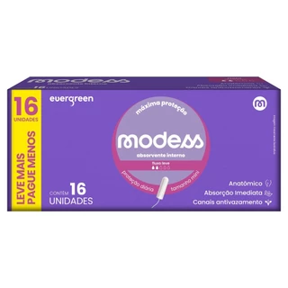 Absorvente Interno Modess Mini Fluxo Leve com 16un Evergreen em Oferta na Shopee