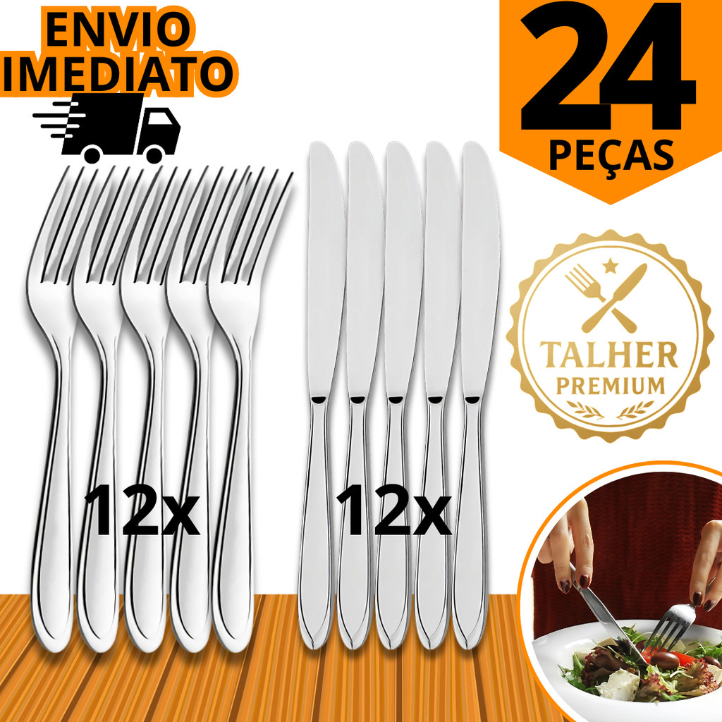 Kit 24 Conjunto Garfo E Faca Talheres Inox Premium Talher Resistente ...