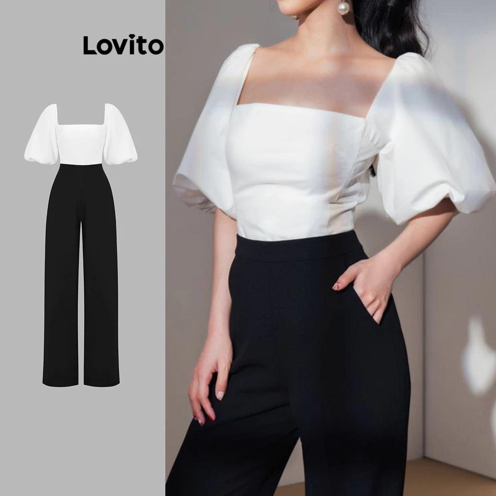 Lovito Macacão Branco Casual Colorblock Drapeado 