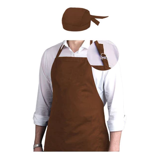 Kit Bandana C/ Avental Oxford C/ Bolso Uniforme Churrasco Evento Chef Marrom