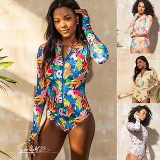 Moda Maiô de Uma Peça com Zíper Manga Longa para Esportes Surf Mulheres Natação Moda Praia