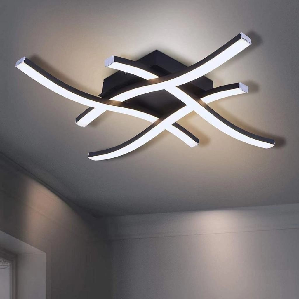Luminária de teto LED moderna, Três cores de luz, 24W, design curvo, base cromada, montagem embutida