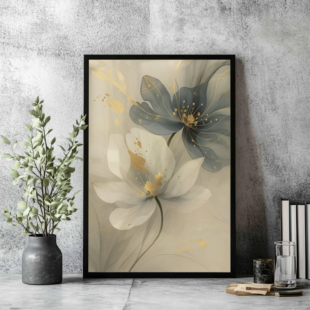 Quadro Decorativo Flores Tons Dourado e Azul Elegantes