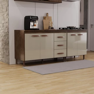 Kit 2 Balcões Modulados Gabinete Pia 120cm e Cooktop 70cm Com Tampo Lisboa Fidelitá Noce/Off-White