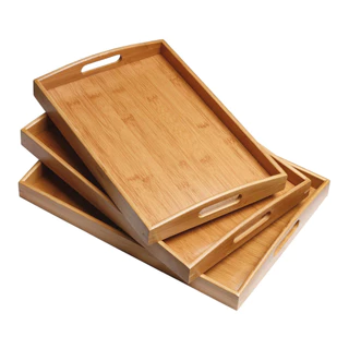 Bandeja Retangular Bambu Kit com 2 34x24cm e 39x29cm com Alça Curva para Servir Café Chá Petisqueira
