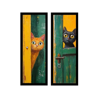 Kit 2 quadros 18x45 cm banheiro, lavabo, gatos espiões