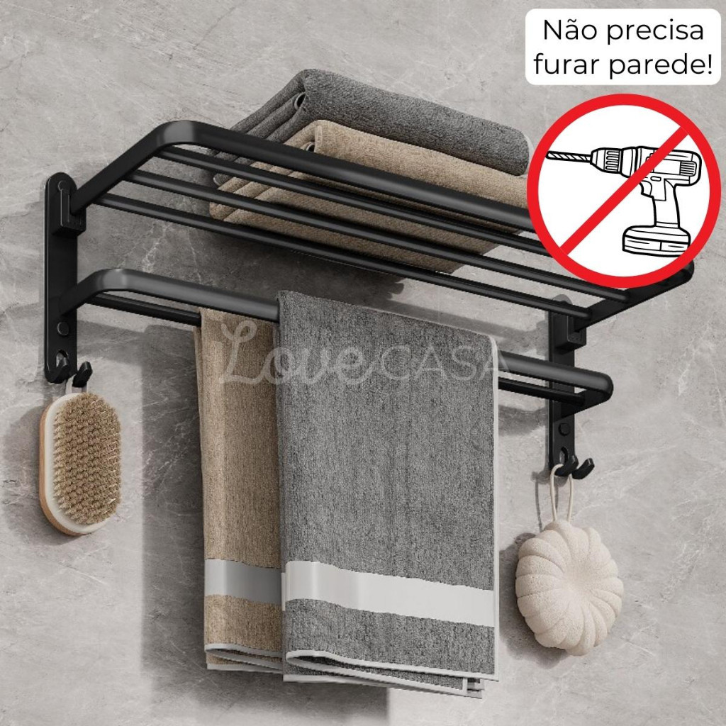Porta Toalha Suporte Toalheiro Banheiro Duplo Aço Inox Premium Retratil 90° Adesivo Sem Furos
