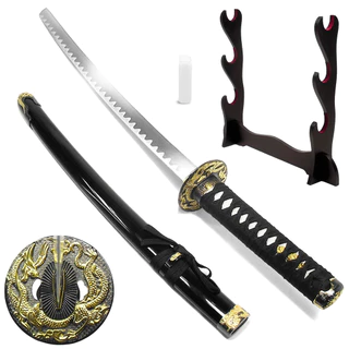 Espada Katana Decorativa Wakizashi Golden Dragon 81cm Aço Carbono + Suporte p/ 3 Espadas + Óleo / Cosplay, Colecionismo