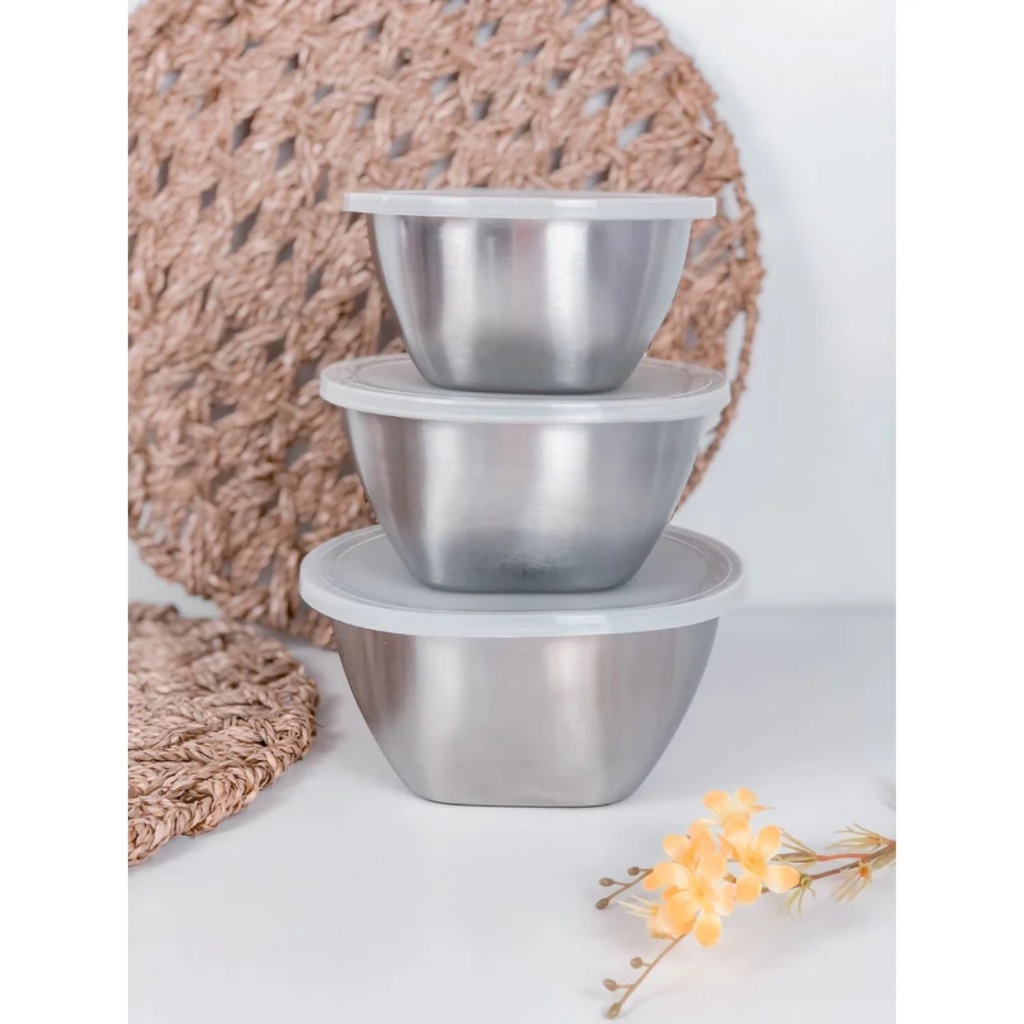 Jogo de Potes 3 Peças Conjunto Tigela Aço Inox C/ Tampa Bowls Vasilha Cozinha