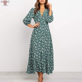 Vestido Maxi Manga Longa/Gola V/Elegante/Floral/Boho/Casual Para Mulheres/Verão