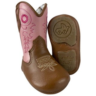 Bota Texana Baby Caminhos da Roca Caramelo Rosa Com Zíper Country Para Menina Cano Bordado