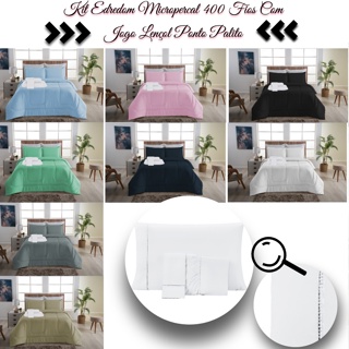 Kit Edredom Micropercal 400Fios Queen C/Jg Lencol Liso 6pcs Roupa Cama Toque Acetinado