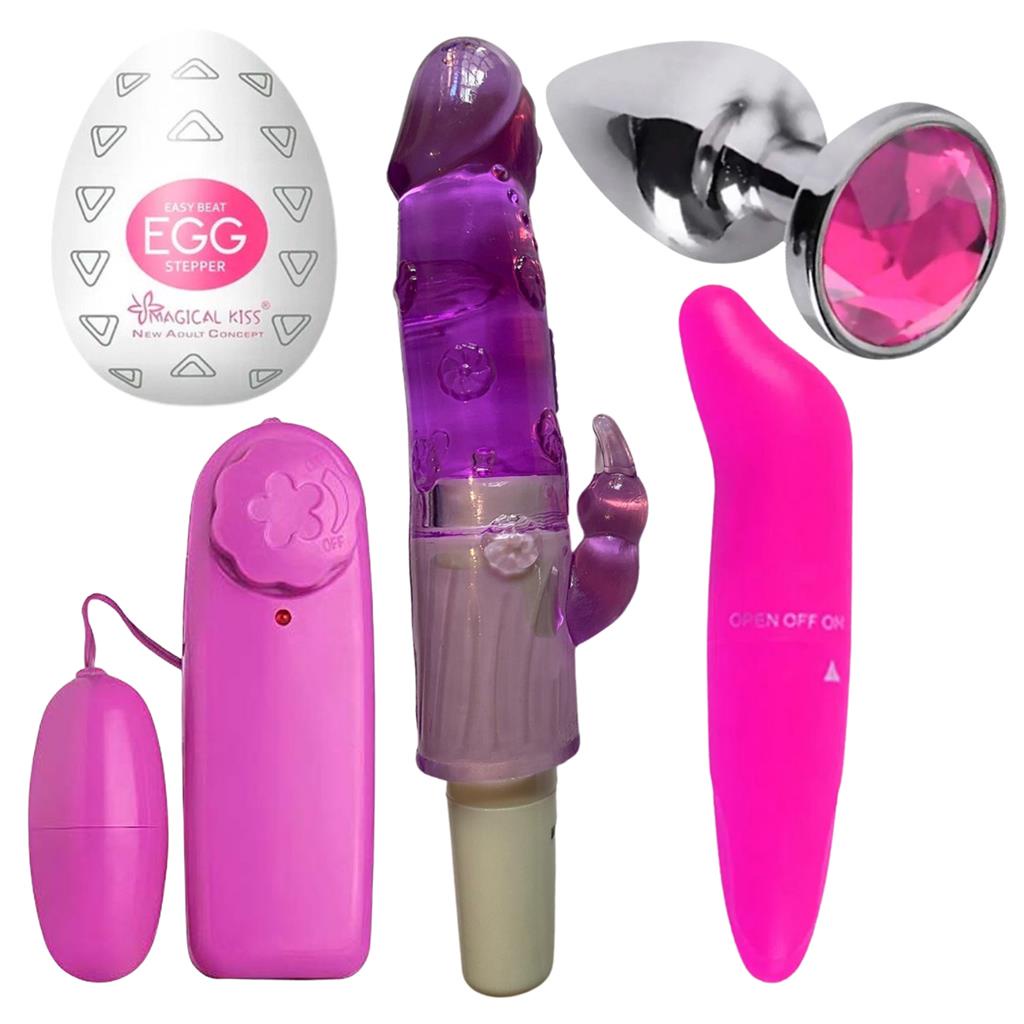 Kit Sex Shop Vibrador Feminino Jelly + Vibro Golfinho + Vibra Bullet + Plug Anal Aco Inodixavel + Egg Masturbador Masculino Ovo Sexy Shop