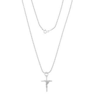 Kit Cordão + Pingente Crucifixo 60cm Italiano Modelo Trançado Baiano Em Prata 925