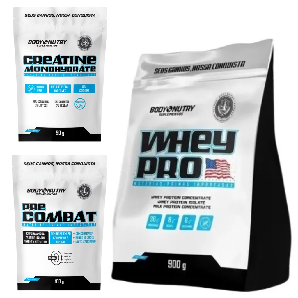 Kit Ganho De Massa Whey Pro + Creatina + Pre Treino Pre Combat VARIOS SABORES