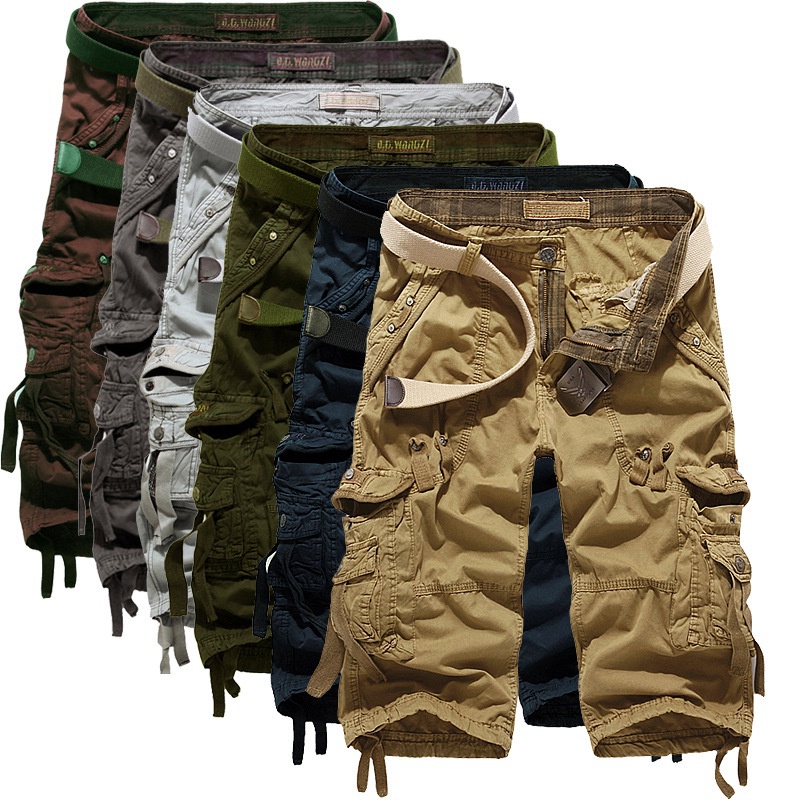 Calções masculinos tamanho grande calças de carga casual moda camuflagem calças primavera e verão novo multi-bolso calças masculinas sem cinto